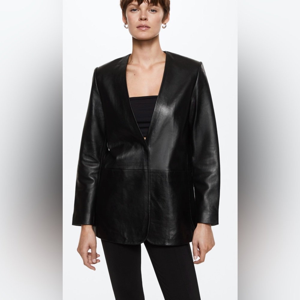 Mango 100% LEATHER BLAZER | size SMALL | | BLACK MINIMALIST OVERSIZED